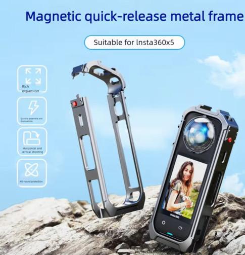 Aluminum Alloy Protective Frame Case for Insta360 X5 with Cold Shoe Mount Magnetic Quick-Release Mount 1/4-inch Threaded Interface with Silicone Protective Len Case for Camera Accessories