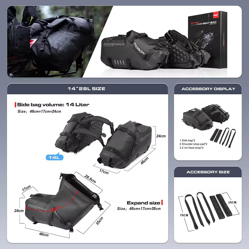 Rhinowalk 28 liter Waterproof Pannier Bag for Motorcycle Adventure High Quality Motorbike Saddle Drypack-Pair